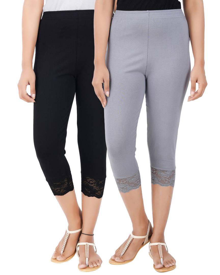 Reliable Cotton Blend Solid Skinny Fit 3/4 Capris Leggings For Women-Pack of 2
